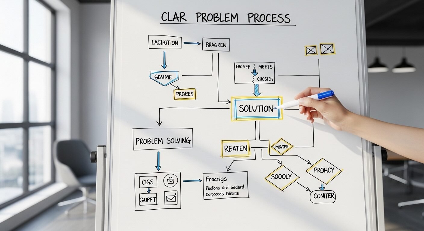 Bảng trắng với sơ đồ tư duy phân tích, tay cầm bút chỉ vào giải pháp trọng tâm, minh họa quy trình chuẩn bị và chiến lược hiệu quả, như cách trả lời điểm mạnh điểm yếu khi phỏng vấn tối ưu.