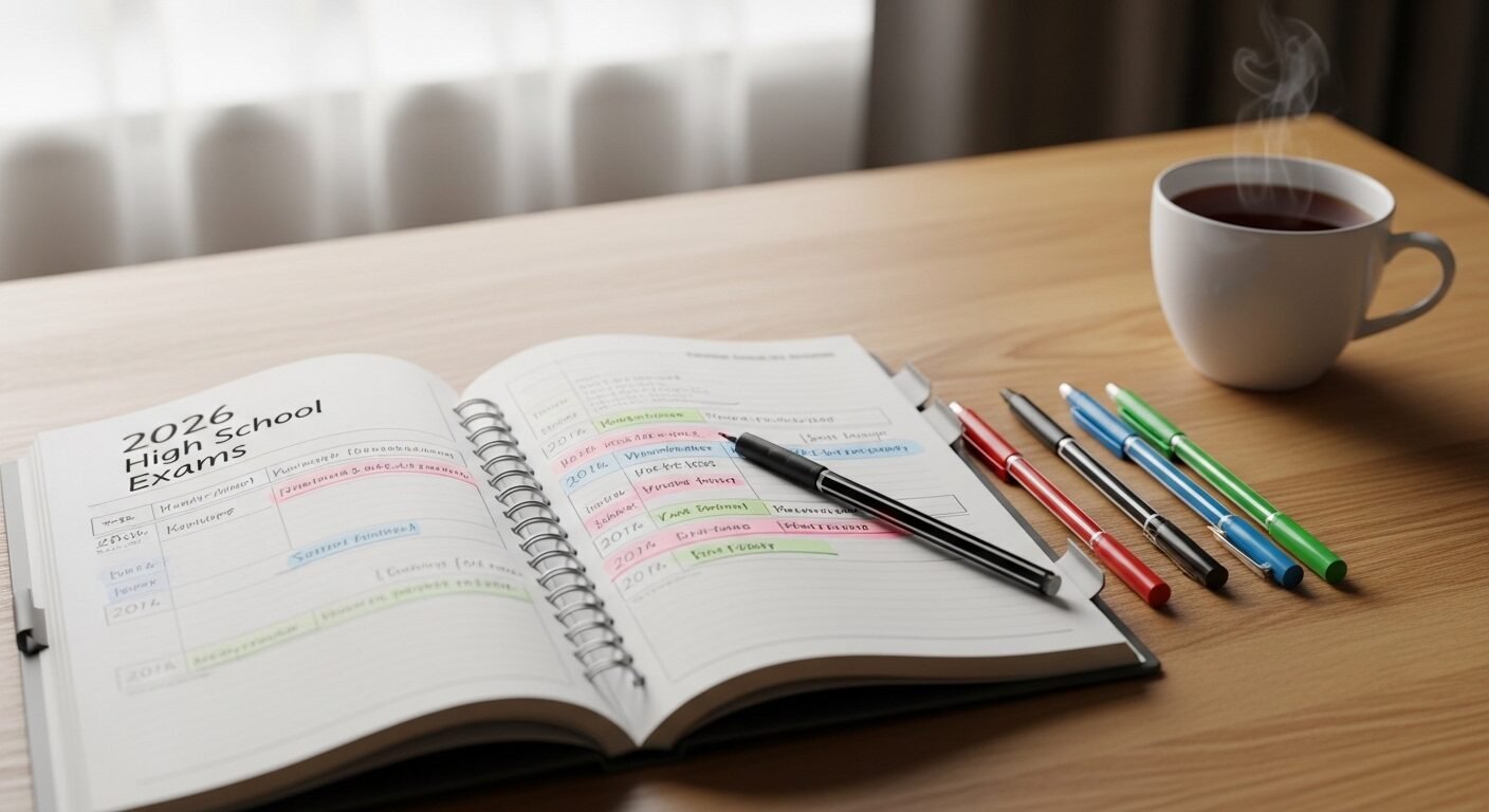 Sổ kế hoạch học tập chi tiết mở ra trên bàn, làm nổi bật lịch trình ôn thi chuẩn bị cho đề thi tốt nghiệp THPT 2026, kèm bút màu và tách trà, tượng trưng cho sự chuẩn bị kỹ lưỡng và sắp xếp khoa học.
