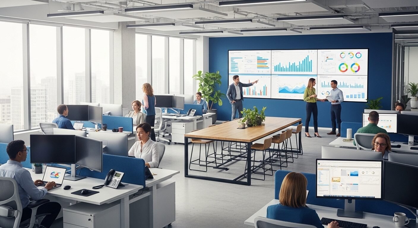 Văn phòng mở hiện đại, nơi các chuyên gia đa dạng cộng tác hiệu quả dưới ánh sáng tự nhiên, phản ánh môi trường làm việc được đánh giá cao khi review HCLTech.