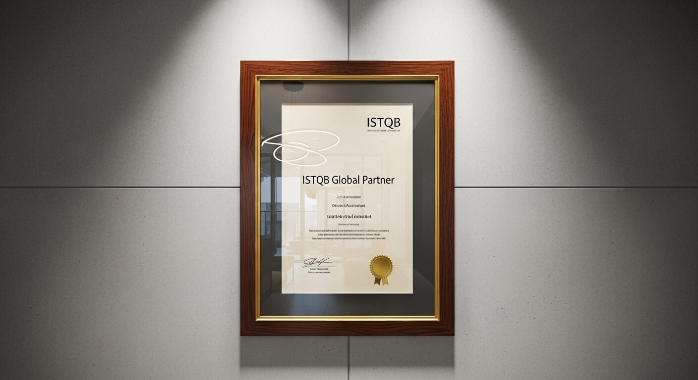 Chứng nhận ISTQB Global Partner danh giá của CO-WELL Asia, trưng bày ấn tượng trong sảnh hiện đại. Minh chứng cho chất lượng và uy tín, thường được nhắc đến trong review CO-WELL Asia.