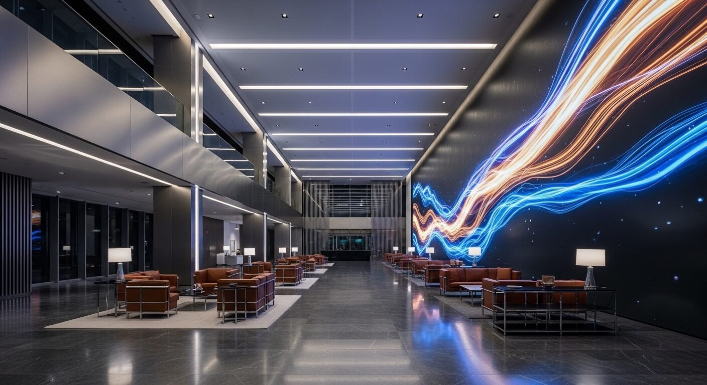 Sảnh công ty hiện đại, sang trọng với trần cao, sàn đá bóng loáng và màn hình kỹ thuật số trừu tượng. Không gian thể hiện sự đổi mới, đẳng cấp của doanh nghiệp được Review Cốc Cốc đánh giá cao. Sảnh công ty hiện đại, sang trọng với trần cao, sàn đá bóng loáng và màn hình kỹ thuật số trừu tượng. Không gian thể hiện sự đổi mới, đẳng cấp của doanh nghiệp được Review Cốc Cốc đánh giá cao.