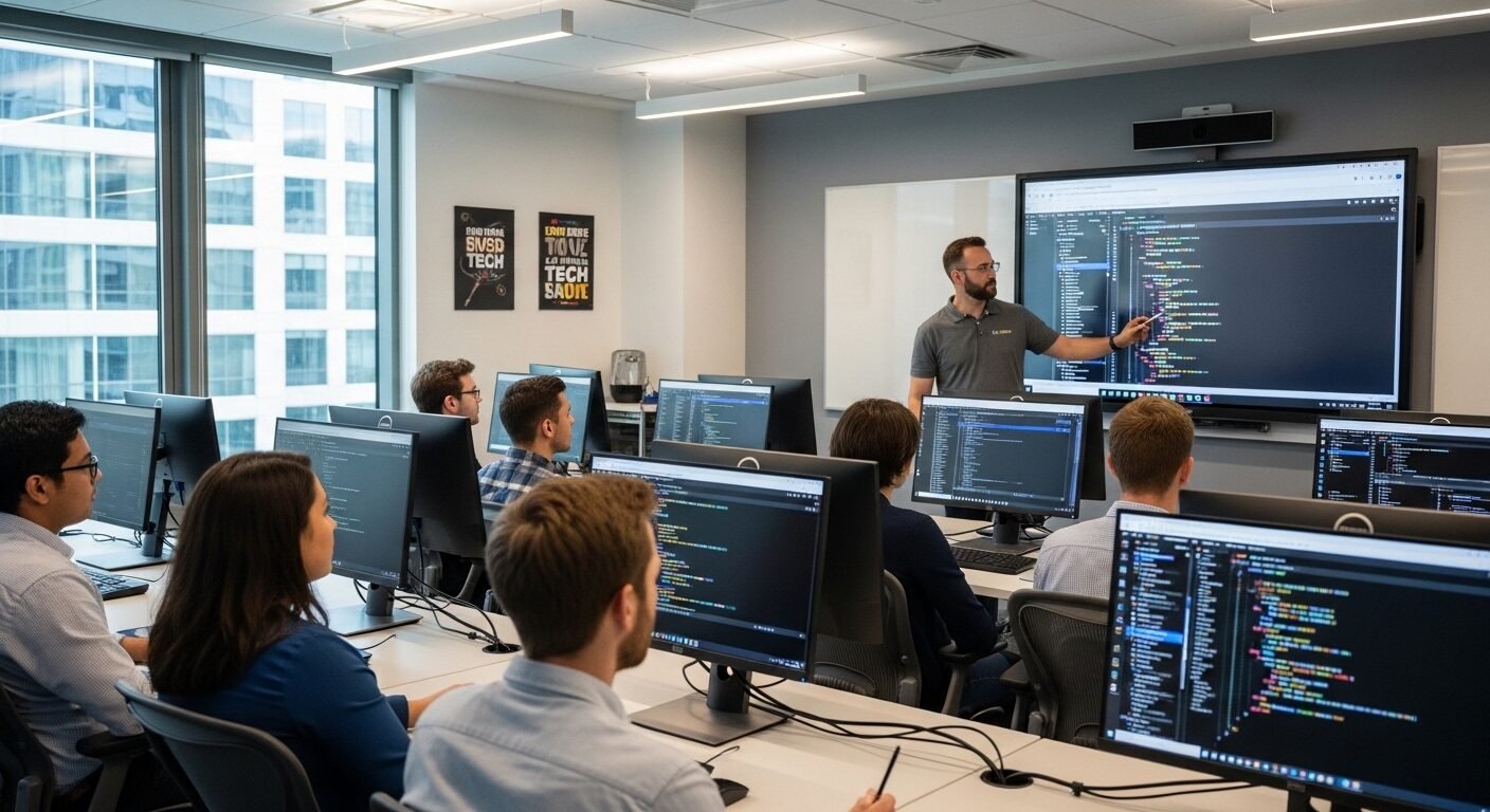 Lớp học IT hiện đại, giảng viên đang hướng dẫn code trên màn hình tương tác lớn cho các học viên, thể hiện môi trường đào tạo chuyên nghiệp được nhiều review LTS Group nhắc đến. Lớp học IT hiện đại, giảng viên đang hướng dẫn code trên màn hình tương tác lớn cho các học viên, thể hiện môi trường đào tạo chuyên nghiệp được nhiều review LTS Group nhắc đến.