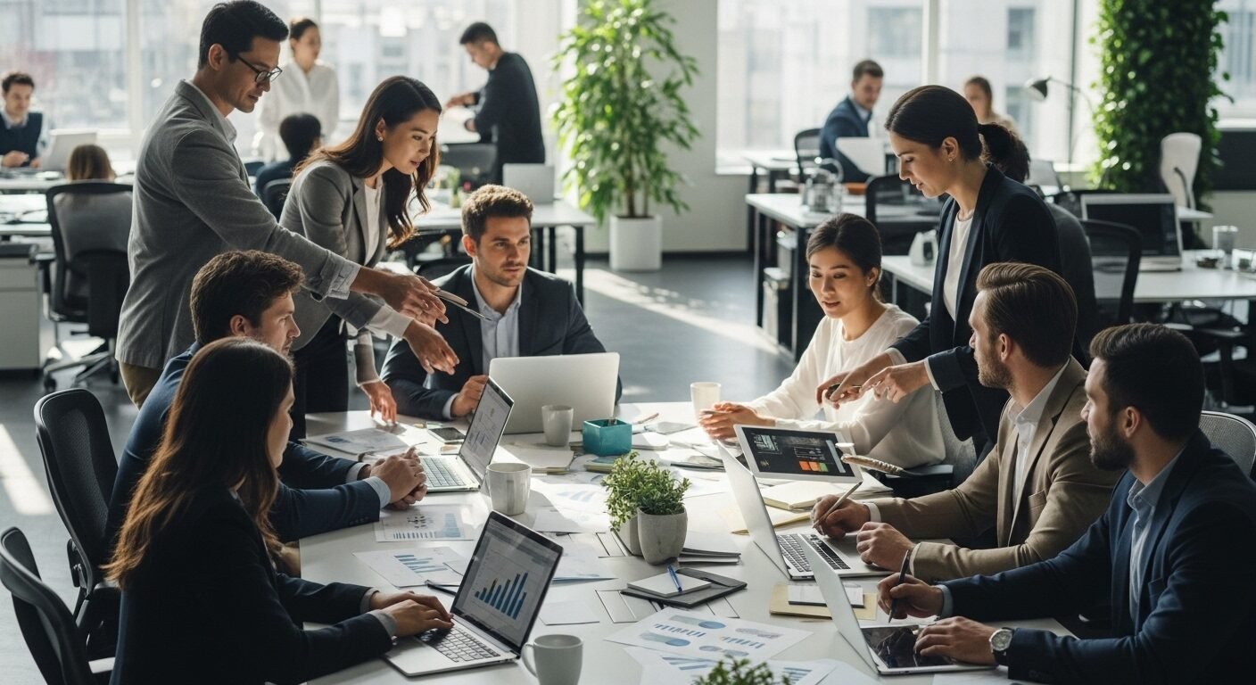 Văn phòng mở hiện đại, tràn ngập ánh sáng tự nhiên, nơi các chuyên gia đang hợp tác sôi nổi, thảo luận tài liệu và màn hình, có thể liên quan đến các dự án hoặc một buổi review Phạm Nguyên Foods. Văn phòng mở hiện đại, tràn ngập ánh sáng tự nhiên, nơi các chuyên gia đang hợp tác sôi nổi, thảo luận tài liệu và màn hình, có thể liên quan đến các dự án hoặc một buổi review Phạm Nguyên Foods.