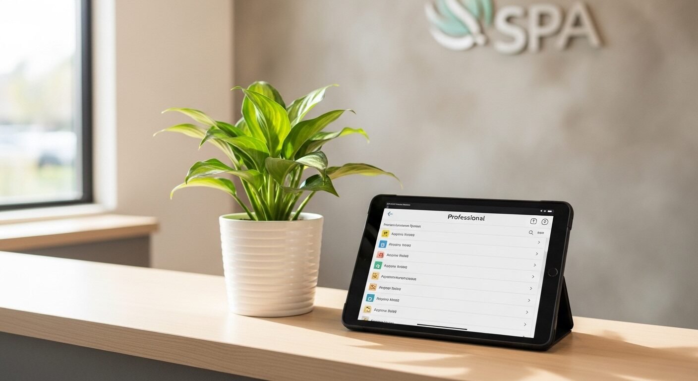 Bàn lễ tân spa hiện đại, gọn gàng với máy tính bảng hiển thị hệ thống đặt lịch hẹn kỹ thuật số chuyên nghiệp, một giải pháp hiệu quả thường được đề cập trong các Review PosApp.