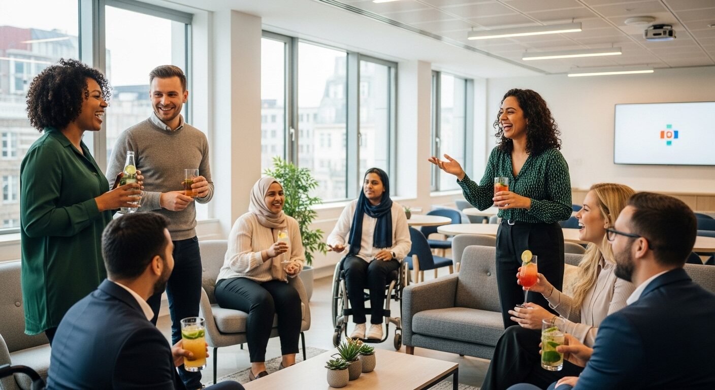 Nhóm nhân viên đa dạng của công ty HOPEE cười nói, giao lưu tại sự kiện xã hội thân mật trong văn phòng hiện đại. Hình ảnh minh họa cho review HOPEE về văn hóa doanh nghiệp và môi trường làm việc tích cực. Nhóm nhân viên đa dạng của công ty HOPEE cười nói, giao lưu tại sự kiện xã hội thân mật trong văn phòng hiện đại. Hình ảnh minh họa cho review HOPEE về văn hóa doanh nghiệp và môi trường làm việc tích cực.