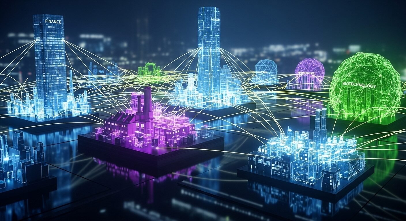 Hình ảnh trừu tượng công nghệ cao về mạng lưới kỹ thuật số tích hợp dữ liệu giữa nhiều ngành, minh họa cho các giải pháp được đề cập trong Review Công ty Boot.AI. Hình ảnh trừu tượng công nghệ cao về mạng lưới kỹ thuật số tích hợp dữ liệu giữa nhiều ngành, minh họa cho các giải pháp được đề cập trong Review Công ty Boot.AI.