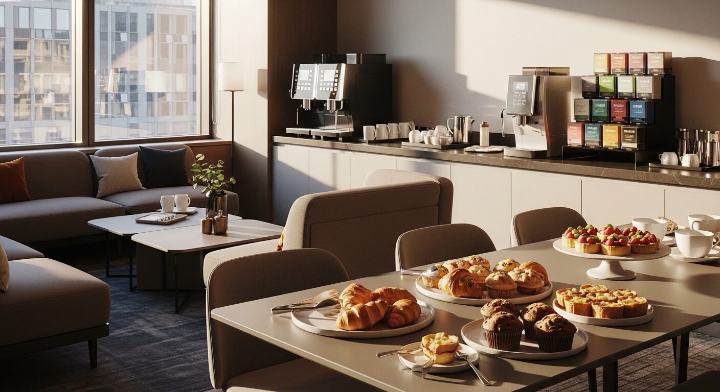 Phòng nghỉ hiện đại, ấm cúng với cà phê, trà, bánh ngọt và ánh nắng tự nhiên. Một không gian làm việc lý tưởng được nhắc đến trong review công ty RevoTech.