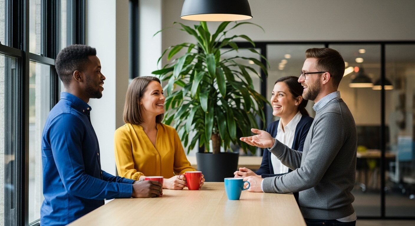 Nhóm đồng nghiệp trò chuyện thân mật tại khu vực nghỉ văn phòng hiện đại, hình ảnh chân thực về môi trường làm việc mà nhiều review Công ty Công nghệ Vũ Thảo thường nhắc đến. Nhóm đồng nghiệp trò chuyện thân mật tại khu vực nghỉ văn phòng hiện đại, hình ảnh chân thực về môi trường làm việc mà nhiều review Công ty Công nghệ Vũ Thảo thường nhắc đến.