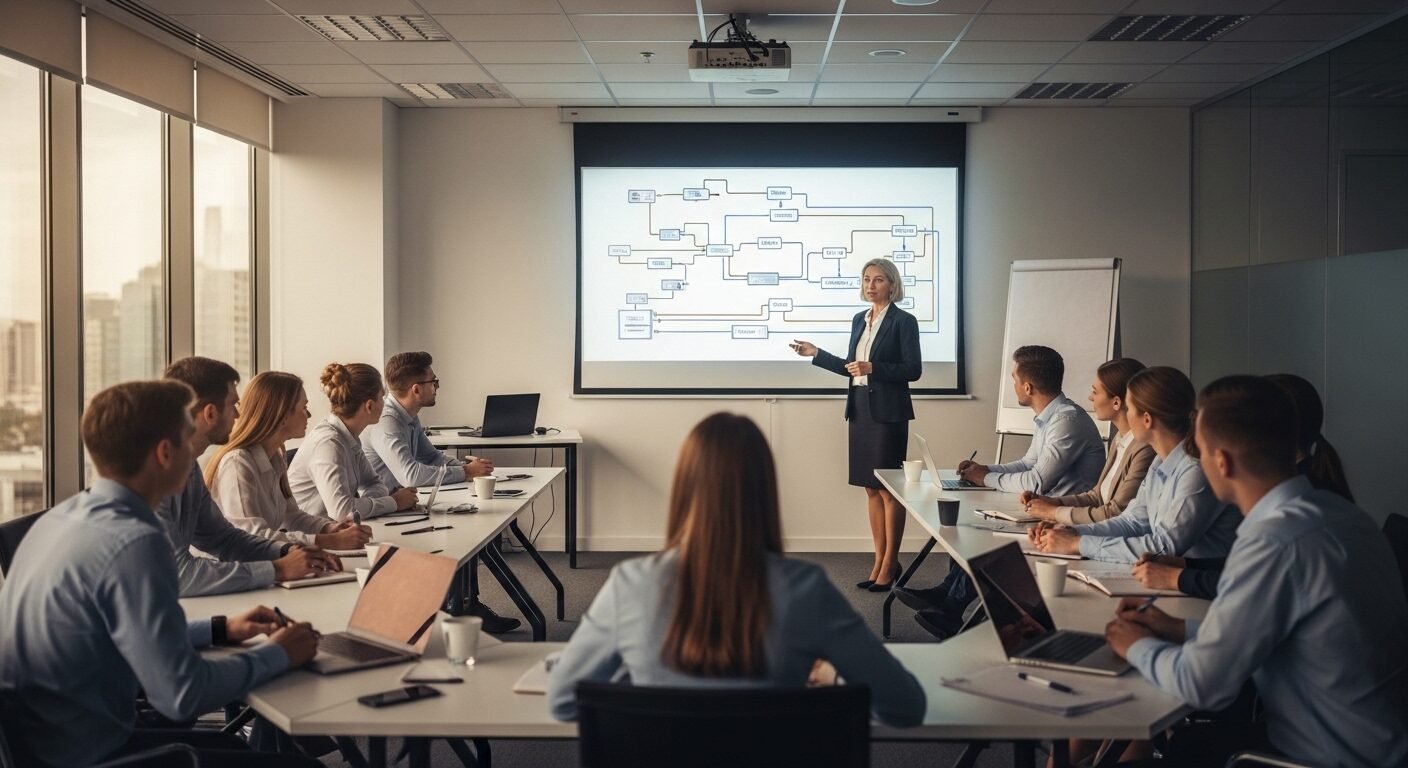 Chuyên gia giàu kinh nghiệm hướng dẫn đào tạo kỹ thuật chuyên sâu cho các chuyên gia trẻ trong phòng họp hiện đại, thể hiện môi trường phát triển chuyên nghiệp khi Review Công ty VMO Holdings.