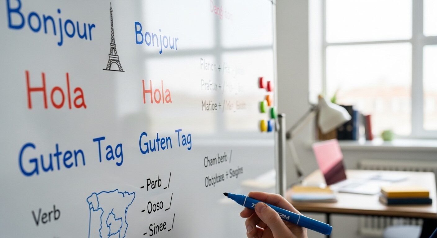 Bảng trắng từ tính đầy màu sắc với ghi chú ngôn ngữ, ngữ pháp đơn giản và hình minh họa nhỏ. Một tay đang tương tác, gợi ý nội dung hữu ích cho cách làm vlog học ngôn ngữ.