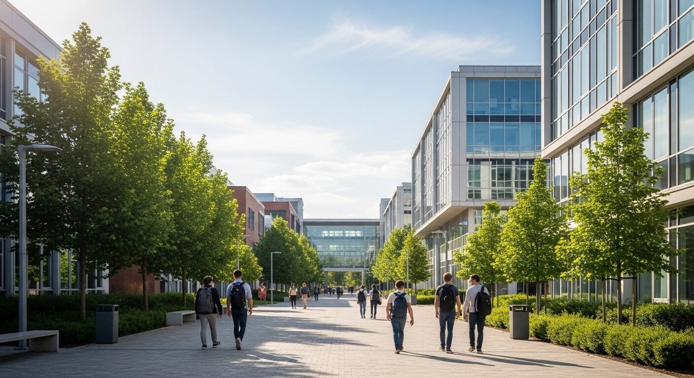 Lối đi khuôn viên đại học hiện đại, sáng sủa với sinh viên năng động, thể hiện môi trường học tập lý tưởng. Hình ảnh minh họa cho các thông tin về phương án tuyển sinh ĐH Bách khoa TPHCM 2026. Lối đi khuôn viên đại học hiện đại, sáng sủa với sinh viên năng động, thể hiện môi trường học tập lý tưởng. Hình ảnh minh họa cho các thông tin về phương án tuyển sinh ĐH Bách khoa TPHCM 2026.