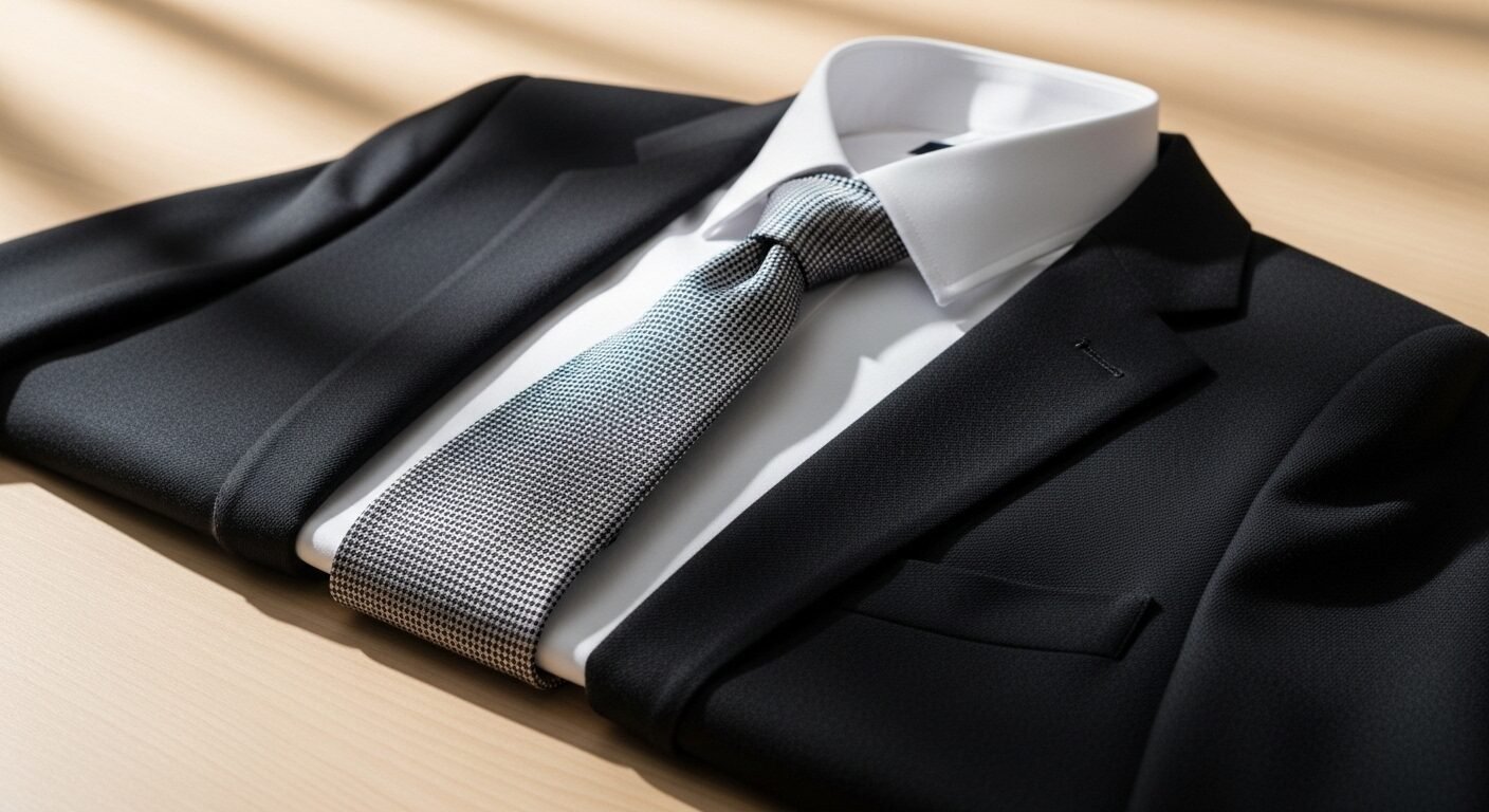 Bộ trang phục phỏng vấn chuyên nghiệp gồm áo sơ mi trắng, blazer và cà vạt được sắp xếp gọn gàng, thể hiện sự chuẩn bị kỹ lưỡng và tự tin khi giới thiệu bản thân khi phỏng vấn. Bộ trang phục phỏng vấn chuyên nghiệp gồm áo sơ mi trắng, blazer và cà vạt được sắp xếp gọn gàng, thể hiện sự chuẩn bị kỹ lưỡng và tự tin khi giới thiệu bản thân khi phỏng vấn.