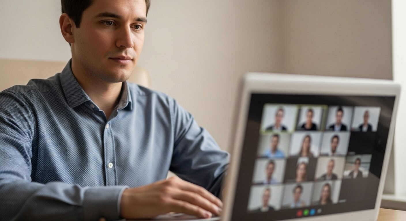 Ứng viên chuyên nghiệp phỏng vấn online qua laptop, tự tin giao tiếp bằng mắt. Đây là hình ảnh gợi ý về cách trả lời phỏng vấn khi chưa có kinh nghiệm hiệu quả. Ứng viên chuyên nghiệp phỏng vấn online qua laptop, tự tin giao tiếp bằng mắt. Đây là hình ảnh gợi ý về cách trả lời phỏng vấn khi chưa có kinh nghiệm hiệu quả.