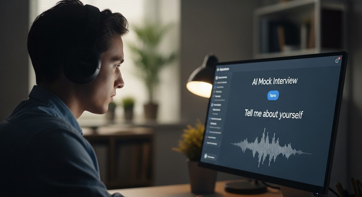 Người dùng đeo tai nghe chuyên nghiệp, tập trung luyện cách trả lời phỏng vấn tiếng Anh hiệu quả với ứng dụng AI trên màn hình máy tính. Người dùng đeo tai nghe chuyên nghiệp, tập trung luyện cách trả lời phỏng vấn tiếng Anh hiệu quả với ứng dụng AI trên màn hình máy tính.