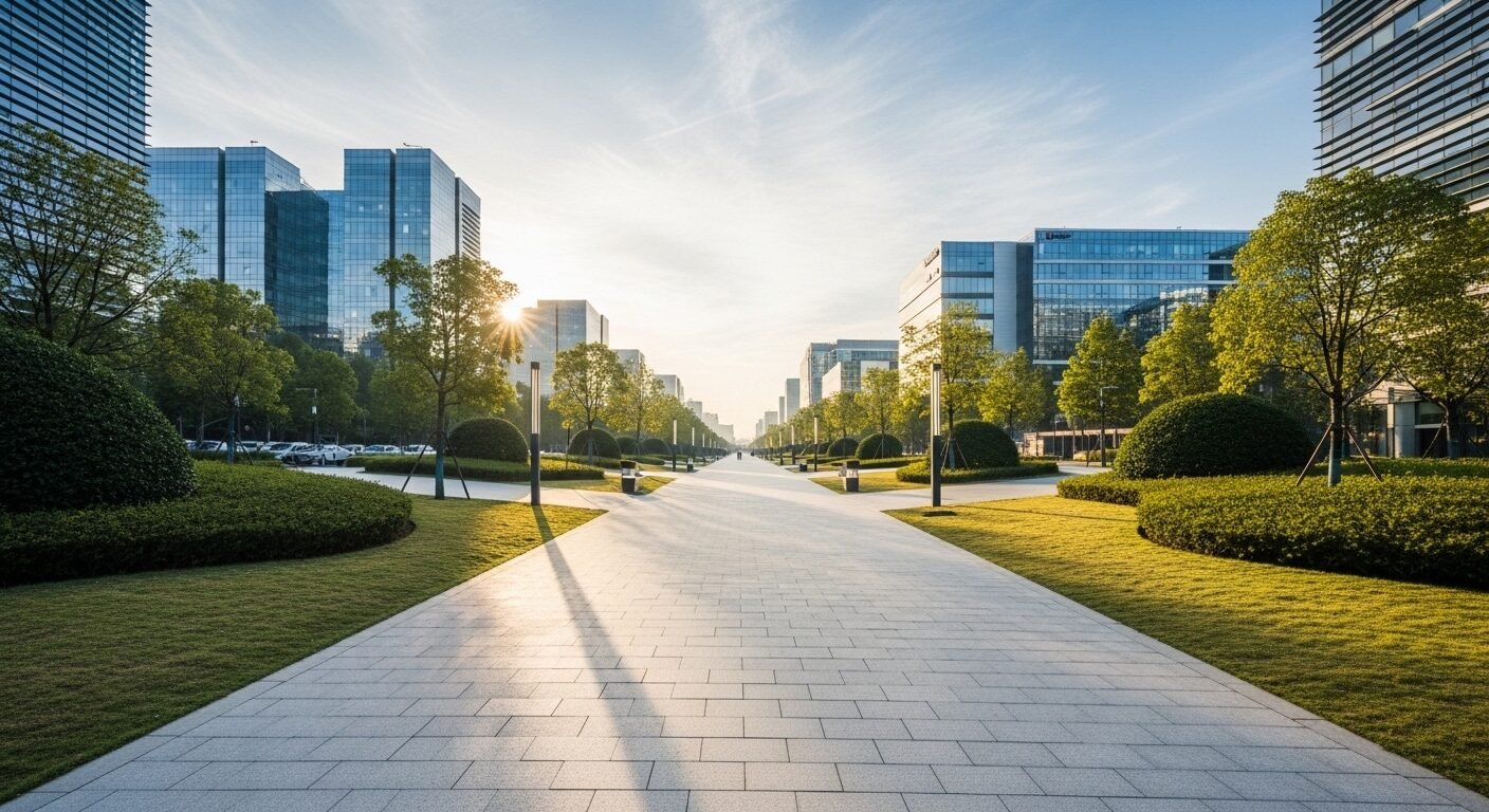 Con đường rộng rãi, sạch đẹp dẫn tới khu văn phòng hiện đại dưới ánh nắng ban mai, tượng trưng cho khởi đầu mới trong sự nghiệp. Đừng để các dấu hiệu rớt phỏng vấn cản trở bạn đạt được mục tiêu này.