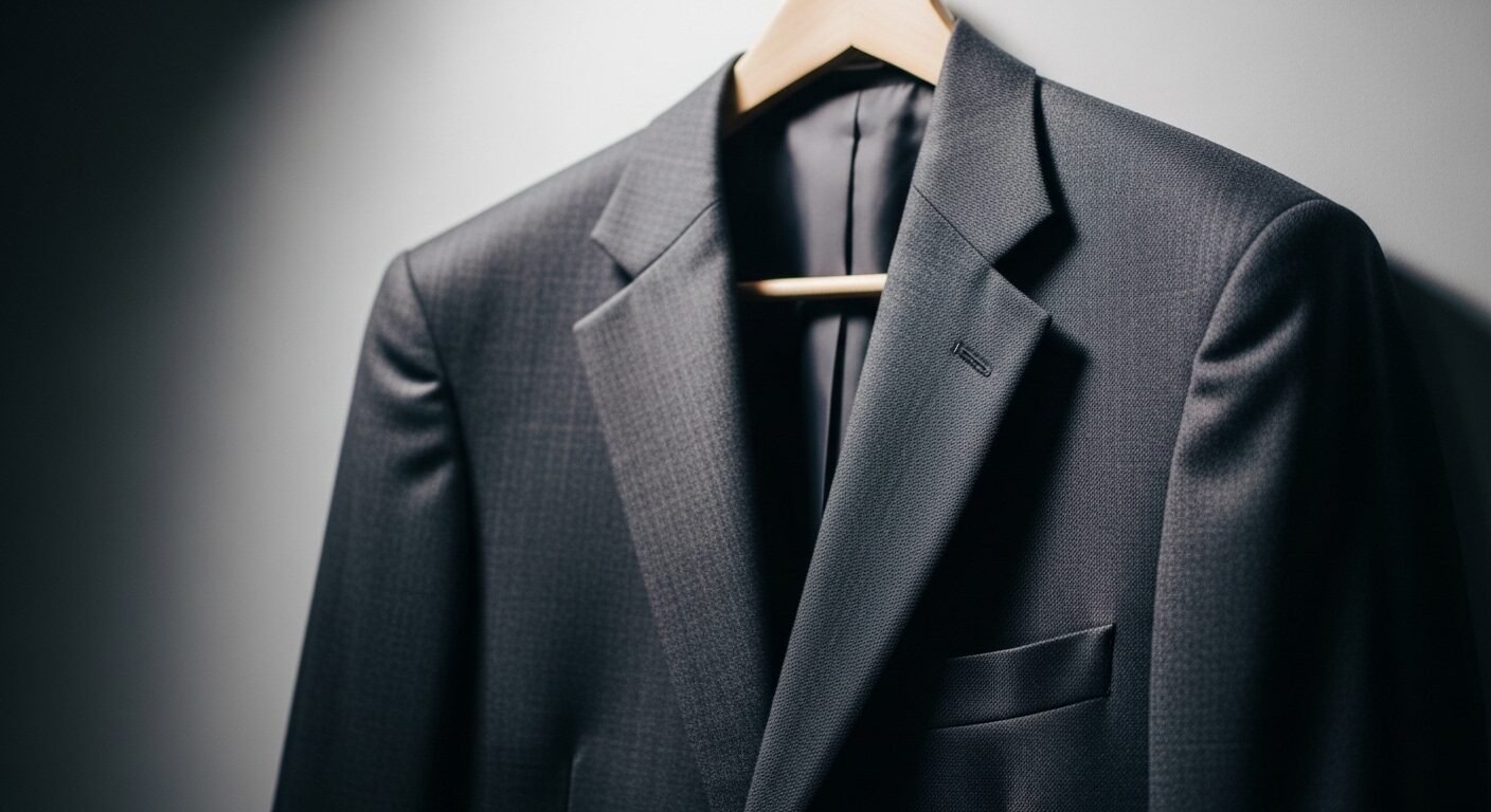 Áo vest công sở màu tối treo gọn gàng trên móc gỗ, trang phục giúp bạn tự tin trả lời phỏng vấn khi chưa có kinh nghiệm.