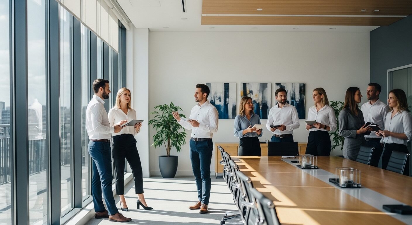 Các chuyên gia thảo luận sôi nổi trong phòng họp hiện đại tràn ngập ánh sáng tự nhiên, chia sẻ kinh nghiệm và có thể cả lời khuyên về xin việc khi chưa có kinh nghiệm.