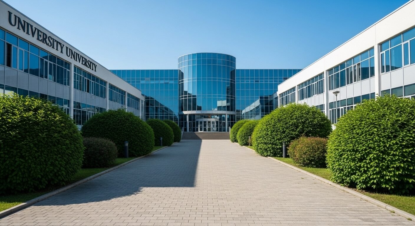 Tòa nhà đại học hiện đại với kiến trúc kính phản chiếu bầu trời xanh trong vắt, lối đi lát gạch sạch đẹp dẫn vào dưới ánh nắng tự nhiên. Một khung cảnh lý tưởng cho sinh viên tương lai khi tìm hiểu về tuyển sinh và cách phân biệt điểm sàn và điểm chuẩn.