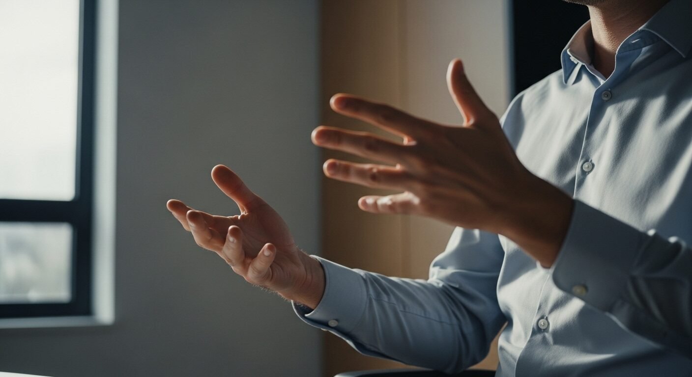 Một người đang tự tin dùng cử chỉ trong cuộc thảo luận chuyên nghiệp tại văn phòng hiện đại. Hình ảnh minh họa cách trả lời phỏng vấn khi chưa có kinh nghiệm bằng phong thái tự tin và diễn đạt rõ ràng. Một người đang tự tin dùng cử chỉ trong cuộc thảo luận chuyên nghiệp tại văn phòng hiện đại. Hình ảnh minh họa cách trả lời phỏng vấn khi chưa có kinh nghiệm bằng phong thái tự tin và diễn đạt rõ ràng.