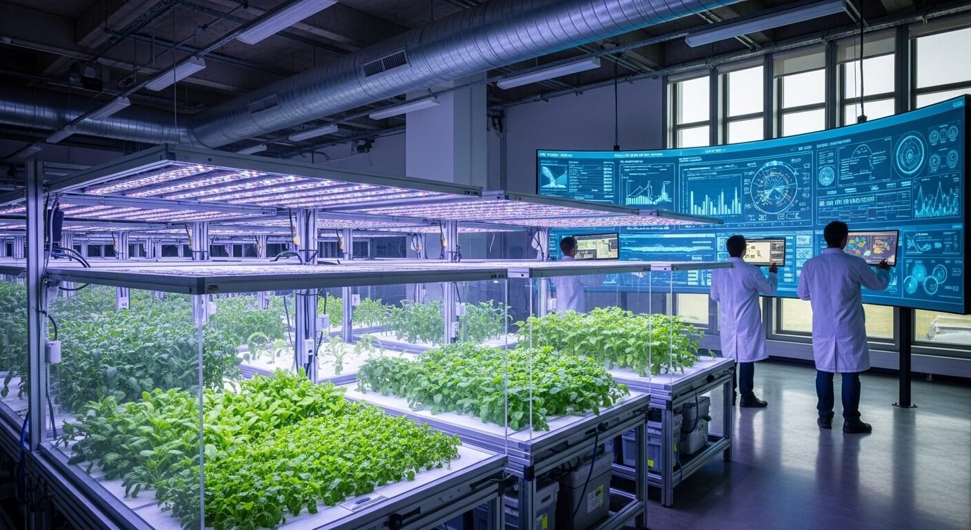 Hình ảnh thực tế về cơ sở nghiên cứu hiện đại, nơi bộ phận R&D trong doanh nghiệp tập trung vào công nghệ bền vững, phát triển cây xanh trong lồng kính được chiếu sáng bằng đèn LED chuyên dụng, với các nhà khoa học giám sát dữ liệu trên màn hình lớn. Hình ảnh thực tế về cơ sở nghiên cứu hiện đại, nơi bộ phận R&D trong doanh nghiệp tập trung vào công nghệ bền vững, phát triển cây xanh trong lồng kính được chiếu sáng bằng đèn LED chuyên dụng, với các nhà khoa học giám sát dữ liệu trên màn hình lớn.