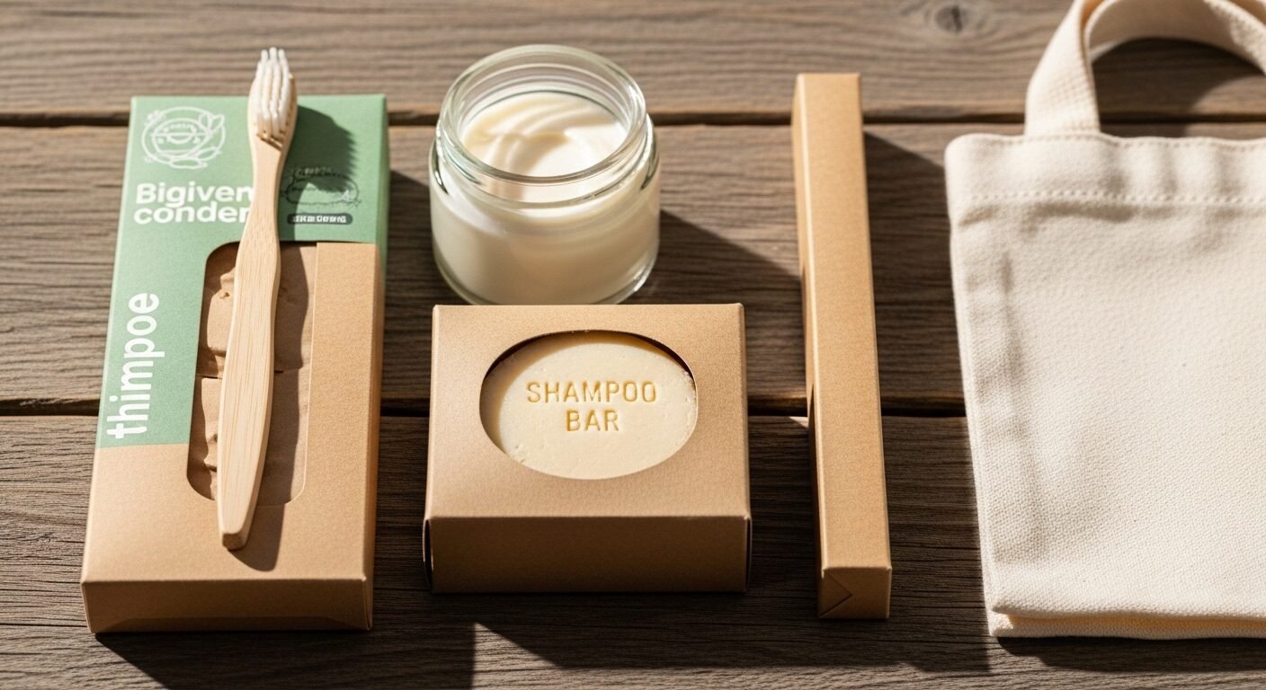 Các sản phẩm thân thiện môi trường với bao bì giấy tái chế và vật liệu phân hủy sinh học trên bề mặt gỗ, minh họa rõ nét sản phẩm là gì trong kỷ nguyên bền vững. Các sản phẩm thân thiện môi trường với bao bì giấy tái chế và vật liệu phân hủy sinh học trên bề mặt gỗ, minh họa rõ nét sản phẩm là gì trong kỷ nguyên bền vững.