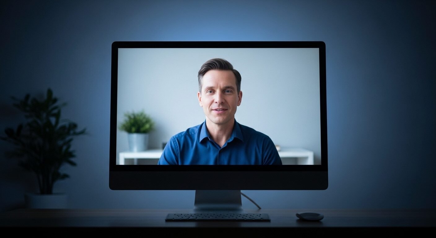 Màn hình máy tính hiển thị ứng viên chuyên nghiệp đang phỏng vấn xin việc trực tuyến từ góc làm việc tại nhà, thể hiện tốt kỹ năng trả lời phỏng vấn xin việc.