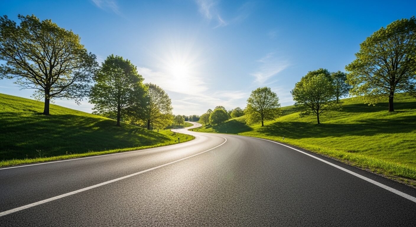 Con đường nhựa mượt mà uốn lượn qua cảnh quan xanh tươi dưới trời trong, tượng trưng cho hành trình sự nghiệp rộng mở. Hình ảnh gợi nhắc tầm quan trọng của việc định hướng và cách trả lời phỏng vấn định hướng nghề nghiệp để vững bước tiến xa.