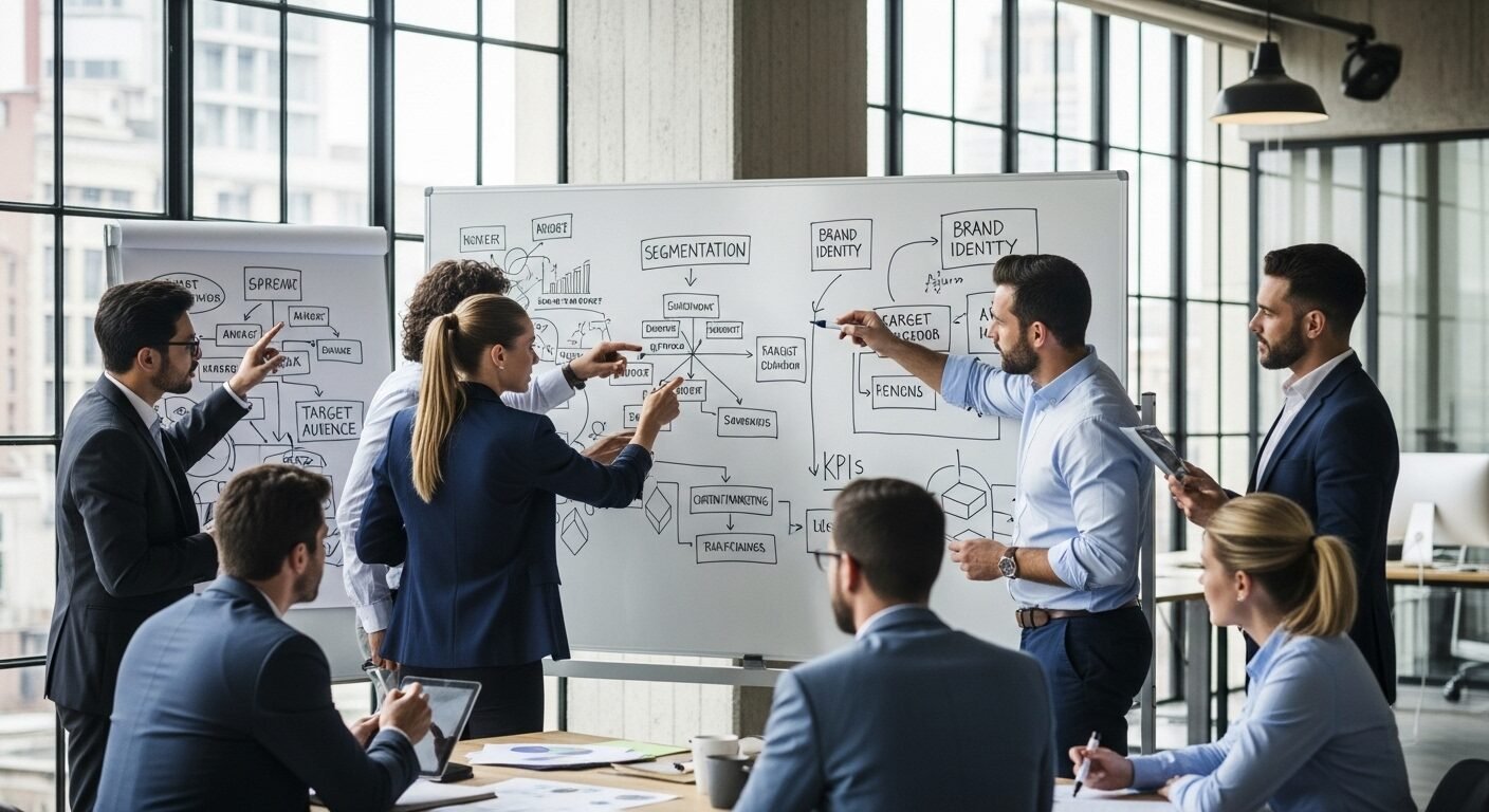 Nhóm chuyên gia năng động thảo luận chiến lược marketing và phát triển thương hiệu trên bảng trắng trong văn phòng hiện đại. Đây là một minh họa sinh động về những gì bạn có thể làm sau khi học kinh tế ra làm gì.