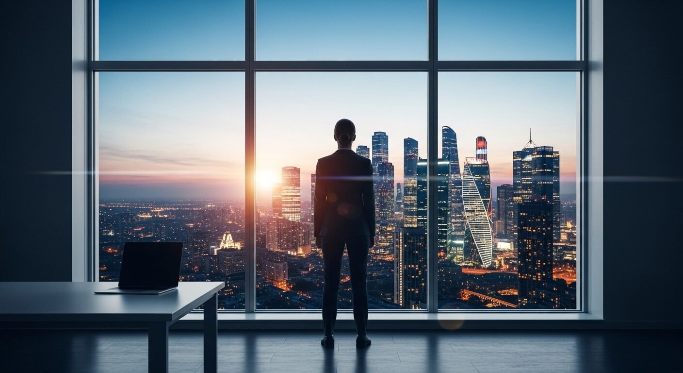 Người chuyên nghiệp đứng tự tin nhìn ra thành phố từ văn phòng hiện đại, thể hiện tầm nhìn và sự chuẩn bị kỹ lưỡng cho mọi bước tiến sự nghiệp, từ lập kế hoạch đến cách giới thiệu bản thân khi phỏng vấn thành công.