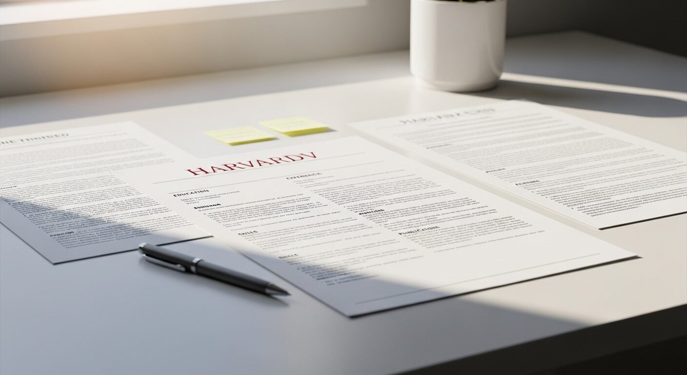 Trên bàn làm việc, một mẫu CV Harvard chuyên nghiệp nổi bật với bố cục gọn gàng, định dạng nhất quán và tiêu đề dễ đọc, khác biệt hẳn so với các tài liệu xung quanh.