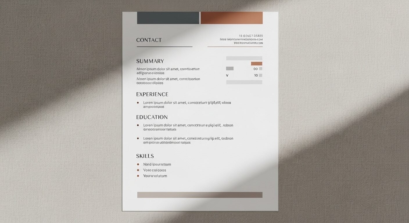 Mẫu CV cho designer với thiết kế chuyên nghiệp, typography thanh lịch và tông màu đất trang nhã, bố cục rõ ràng trên nền phẳng.