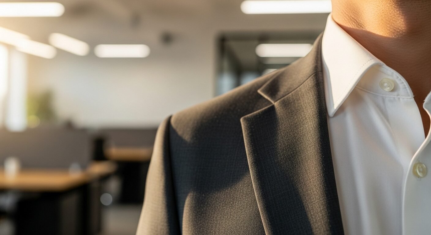 Cận cảnh trang phục công sở chuyên nghiệp với áo vest và cổ áo sơ mi gọn gàng, tạo ấn tượng tốt ban đầu. Hãy chuẩn bị kỹ, bao gồm cả việc nắm rõ những điều không nên nói khi phỏng vấn.