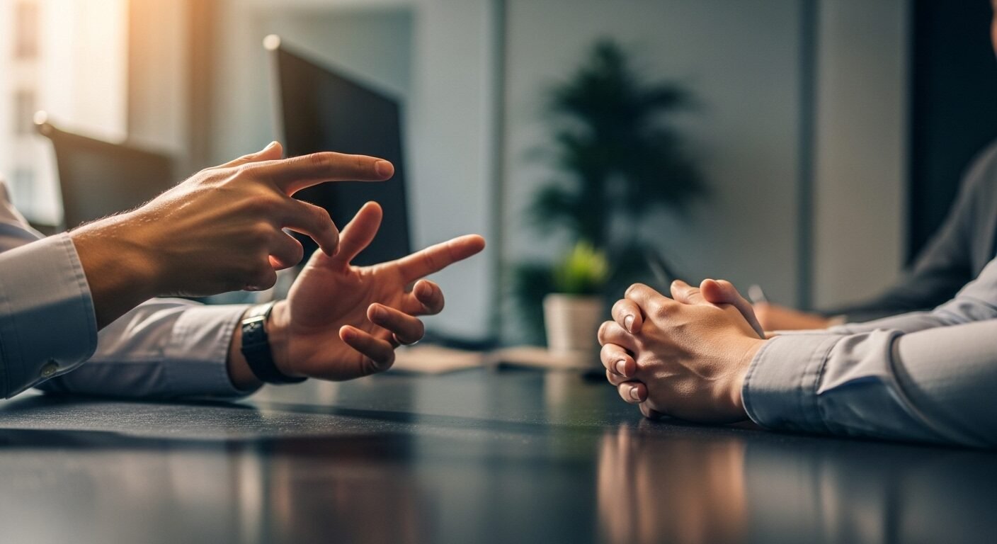 Cận cảnh hai bàn tay trong cuộc thảo luận chuyên nghiệp trên bàn họp; một tay cử chỉ tinh tế, tay kia lắng nghe chăm chú. Hình ảnh gợi nhắc về tầm quan trọng của giao tiếp hiệu quả, đặc biệt là việc tránh những điều không nên nói khi phỏng vấn.