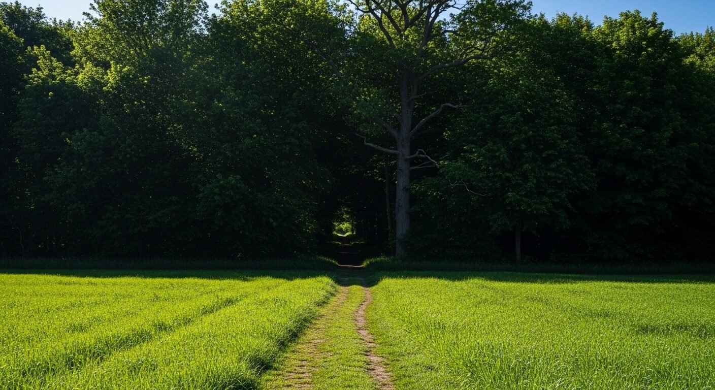 Đường mòn đất quanh co qua cánh đồng xanh mướt dẫn đột ngột vào rừng cây rậm rạp, chặn lối đi. Hình ảnh gợi nhắc về một red flag trong phỏng vấn khi con đường sự nghiệp phía trước không rõ ràng.