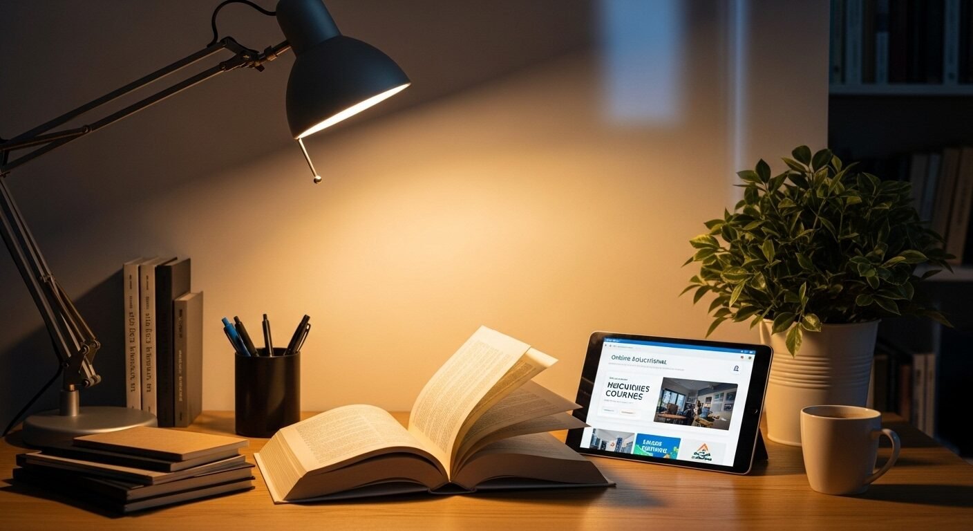 Bàn học ngăn nắp, ấm cúng với sách, máy tính bảng khóa học online, và cây xanh tươi tốt. Môi trường lý tưởng để rèn luyện và phát triển bản thân, sẵn sàng tự tin tốt khoe xấu che phỏng vấn thành công.