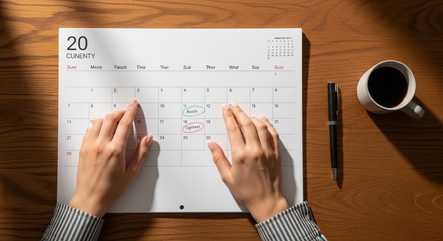 Bàn tay phụ nữ cẩn thận vạch kế hoạch trên lịch/sổ, bên cạnh bút và cà phê. Hình ảnh tập trung vào sự sắp xếp thời gian tỉ mỉ, rất quan trọng đối với mẹ đơn thân tìm việc và quản lý công việc, cuộc sống.