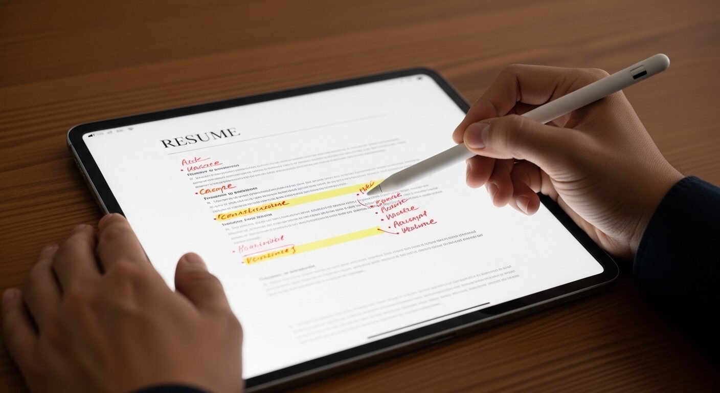 Tay dùng bút cảm ứng cẩn thận chỉnh sửa, trau chuốt CV trên tablet với các phần được đánh dấu. Việc tối ưu hóa hồ sơ này là yếu tố quan trọng để đạt được kết quả tốt và hiểu rõ cách biết kết quả CV thành công.