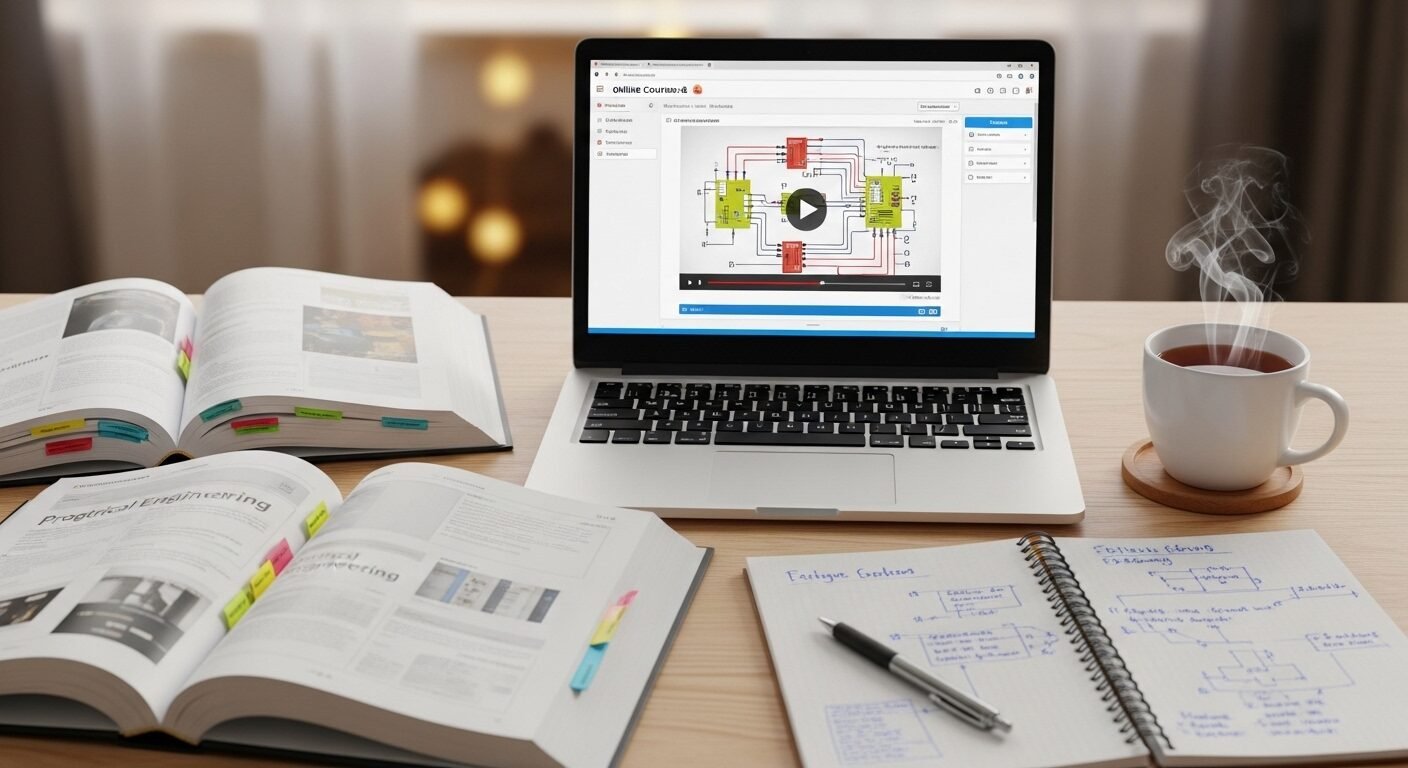 Bàn học gọn gàng với laptop hiển thị khóa học online, sách mở và ghi chú, cùng tách trà nóng. Hình ảnh minh họa việc tập trung phát triển kỹ năng để nâng cao năng lực và tìm việc làm uy tín.