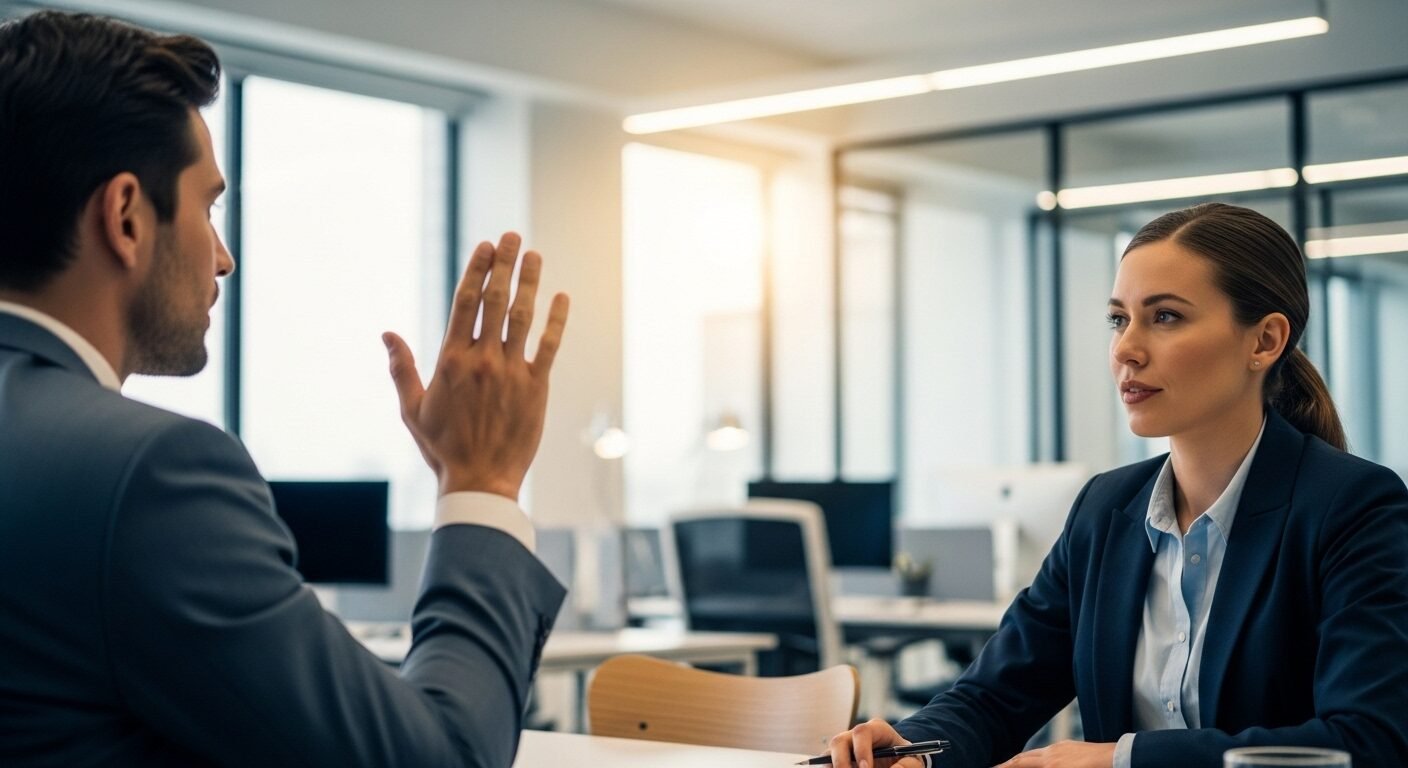 Buổi trao đổi chuyên nghiệp về cách trả lời phỏng vấn khi chưa có kinh nghiệm trong không gian văn phòng hiện đại, nơi một người đang đặt câu hỏi.