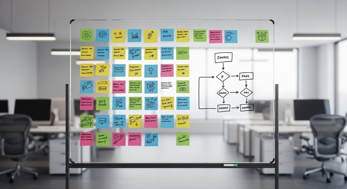 Sơ đồ quy trình làm việc chi tiết trên bảng kính với sticky note, mục tiêu giải quyết hiệu quả vấn đề HR không phản hồi ứng tuyển.