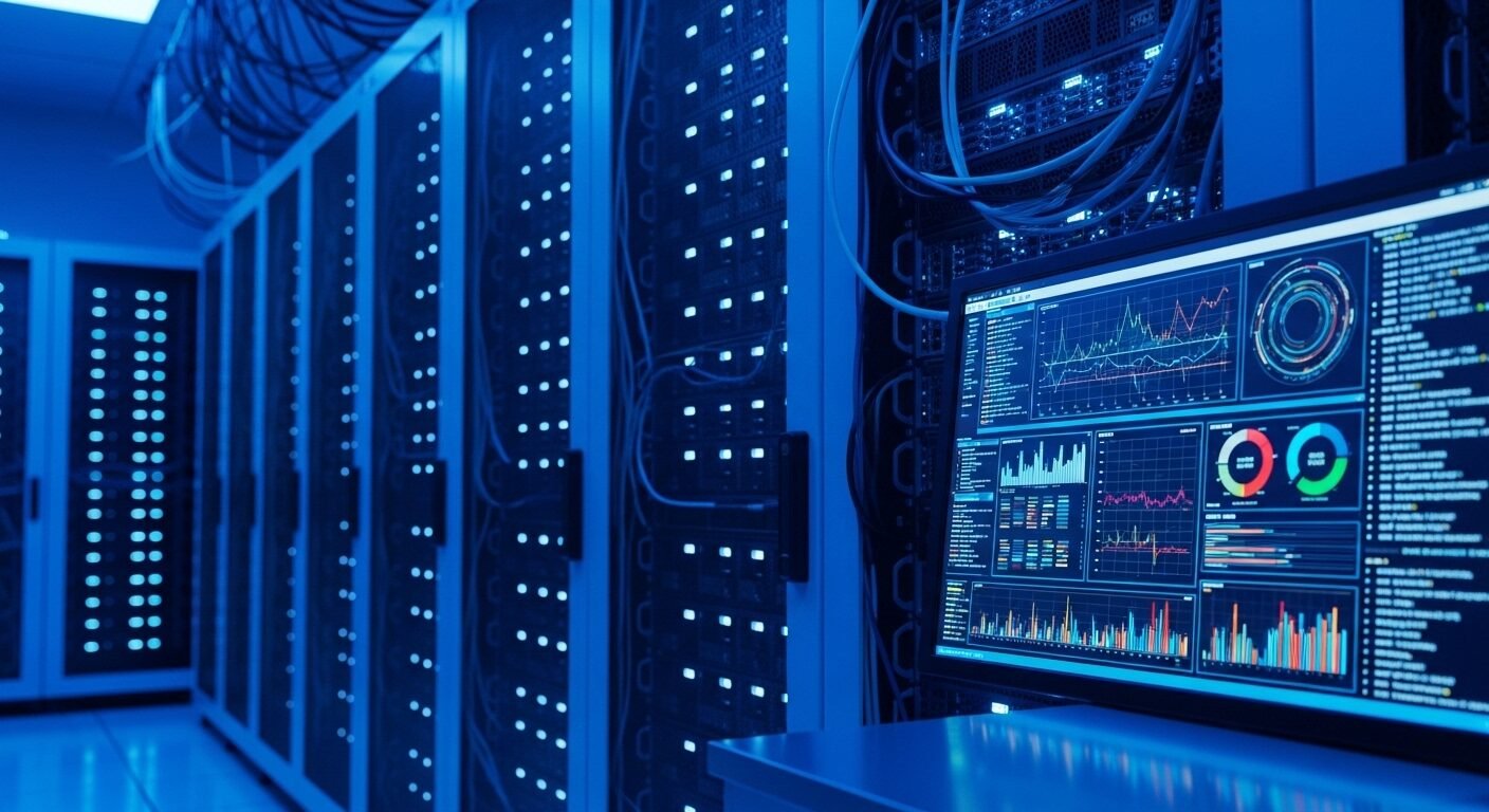 Phòng máy chủ công nghệ cao với server phát sáng và màn hình hiển thị dữ liệu phức tạp. Hình ảnh đại diện cho các danh mục nghề trong lĩnh vực công nghệ thông tin và phân tích dữ liệu.