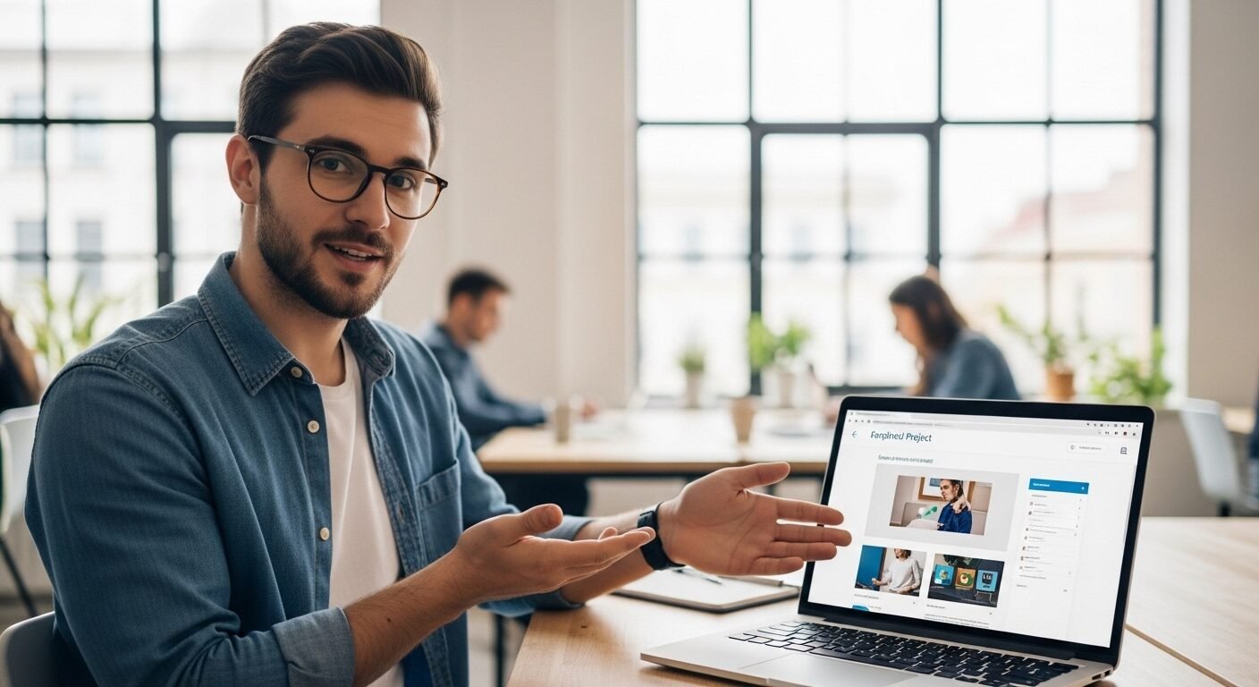 Chuyên gia trẻ tự tin giới thiệu dự án đã hoàn thiện trên laptop trong co-working space hiện đại, minh họa rõ nét Ready-to-work là gì qua thành quả thực tế. Chuyên gia trẻ tự tin giới thiệu dự án đã hoàn thiện trên laptop trong co-working space hiện đại, minh họa rõ nét Ready-to-work là gì qua thành quả thực tế.