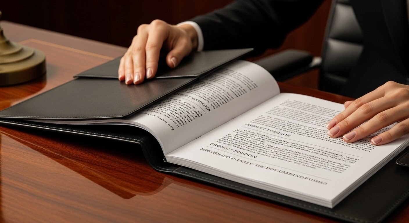 Đôi tay đang nhẹ nhàng mở một Portfolio pháp lý tinh xảo, hé lộ các trang tài liệu được sắp xếp gọn gàng trên bàn làm việc bóng loáng trong không gian văn phòng chuyên nghiệp.