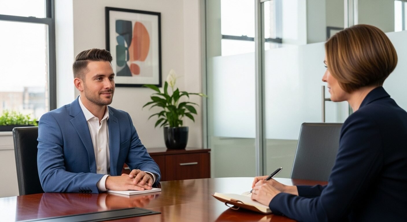 Ứng viên tự tin giao tiếp bằng mắt với nhà tuyển dụng trong buổi phỏng vấn chuyên nghiệp tại văn phòng hiện đại, thể hiện phong thái chuẩn mực khi trả lời phỏng vấn khi chưa có kinh nghiệm. Ứng viên tự tin giao tiếp bằng mắt với nhà tuyển dụng trong buổi phỏng vấn chuyên nghiệp tại văn phòng hiện đại, thể hiện phong thái chuẩn mực khi trả lời phỏng vấn khi chưa có kinh nghiệm.