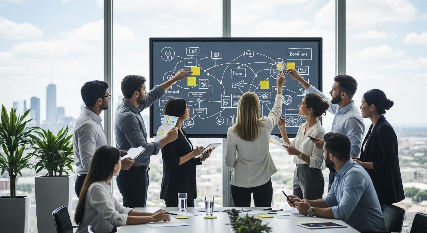 Nhóm chuyên gia đa dạng tích cực hợp tác, phác thảo ý tưởng trên bảng kỹ thuật số tương tác lớn trong phòng họp hiện đại, minh chứng cho kỹ năng không bị sa thải.