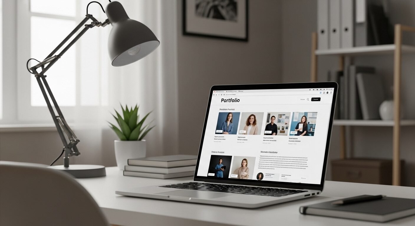 Laptop hiển thị portfolio online chuyên nghiệp trong văn phòng tại nhà gọn gàng, giúp ứng viên vượt qua các lý do không được gọi phỏng vấn.