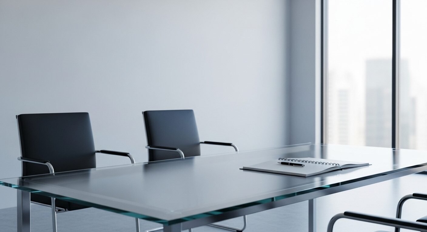 Phòng phỏng vấn hiện đại, tinh tươm với bàn kính, ghế tối giản, sổ và bút, tạo không gian chuyên nghiệp cho các buổi tuyển dụng và người tìm việc sau Tết.