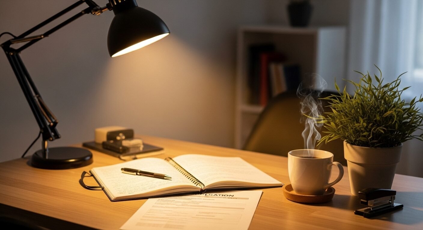 Bàn làm việc sạch sẽ với ánh sáng tập trung vào đơn xin việc đang điền dở và sổ ghi chép. Hình ảnh minh họa cho hướng dẫn điền đơn xin việc một cách bình tĩnh và hiệu quả.