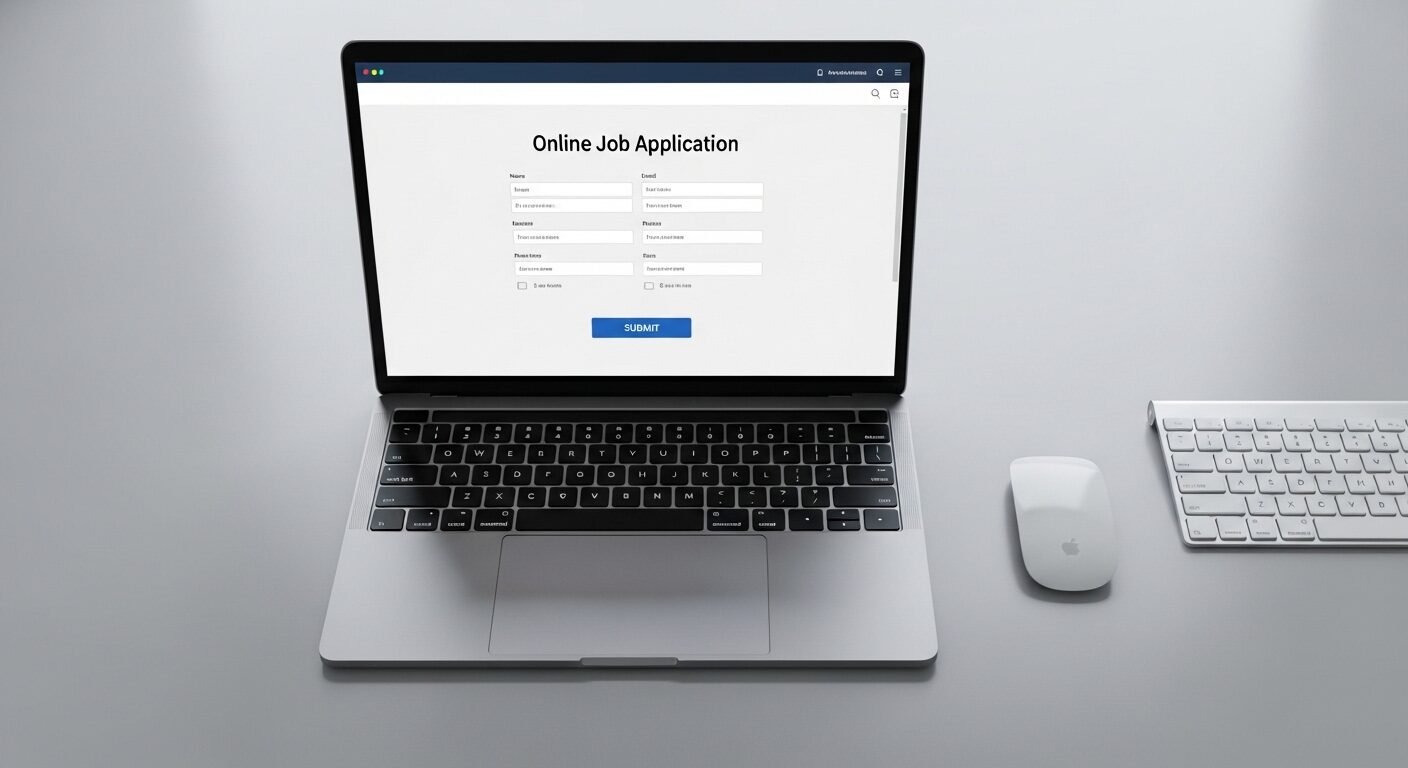 Bàn làm việc tối giản với laptop hiển thị cổng ứng tuyển việc làm online và nút 'Gửi'. Minh họa quá trình nộp hồ sơ trực tuyến, gợi nhắc cân nhắc sơ yếu lý lịch viết tay hay đánh máy.