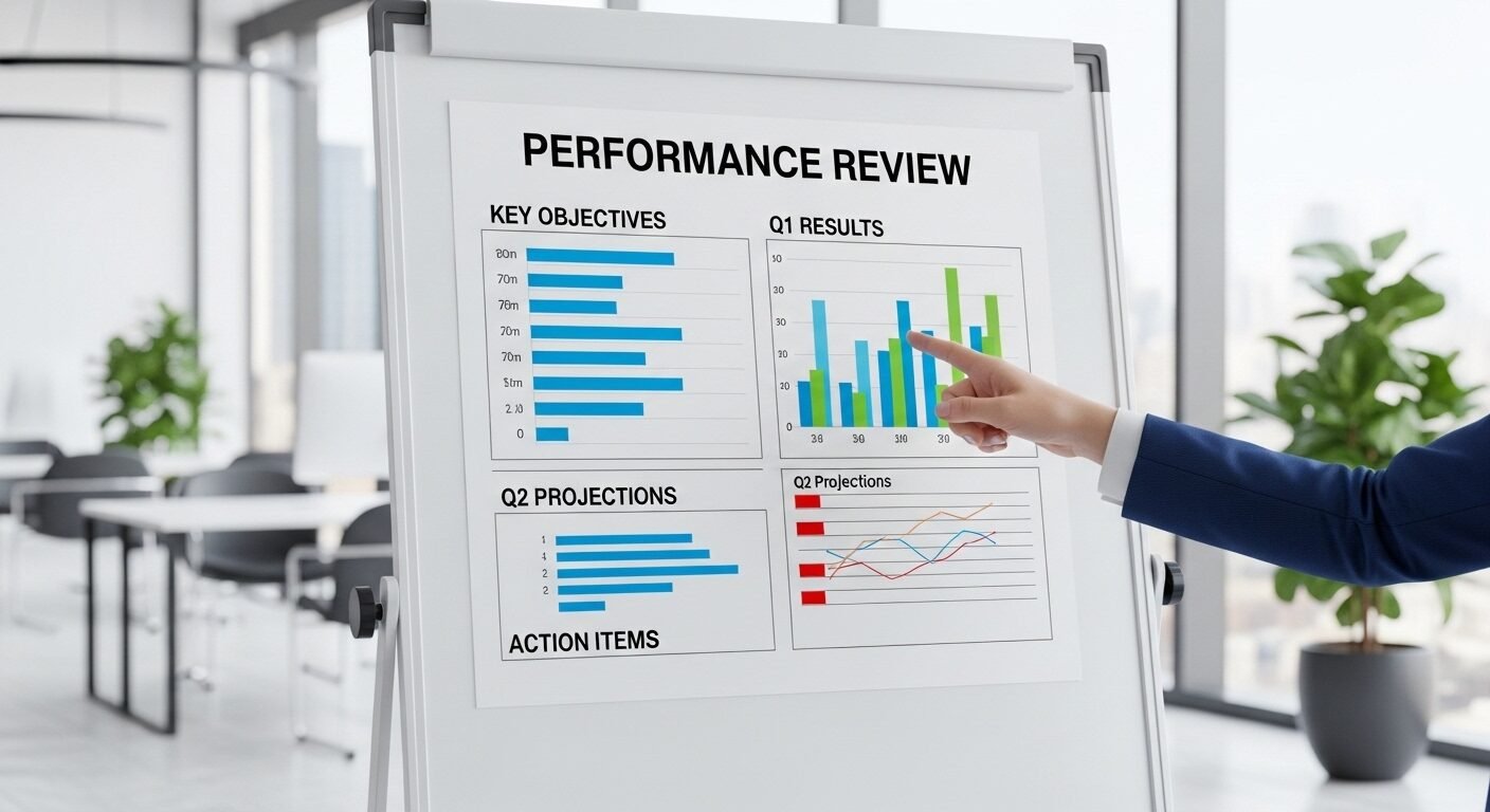 Bảng trắng văn phòng trưng bày biểu đồ đánh giá hiệu suất với chỉ số và thanh tiến độ. Một cánh tay đang chỉ vào một mục cụ thể trên báo cáo thử việc.